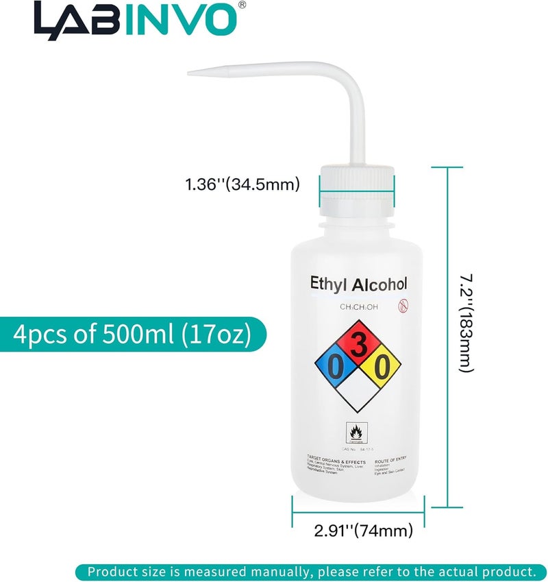 LINVO 4PCS of Ethyl Alcohol Wash Bottles, Vol.500ml (17oz), Narrow Mouth, Self-Venting Safety Wash Bottle, LDPE Material, IN-WBE500 - Image 2